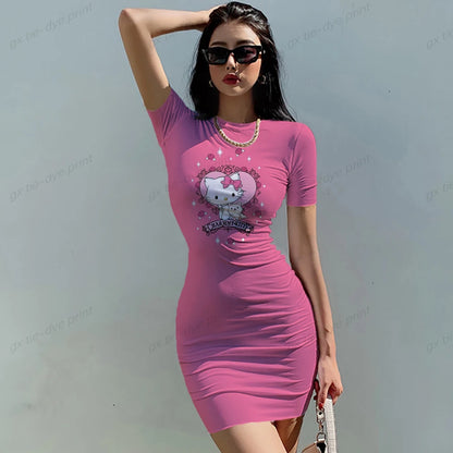 Short Sleeve Bodycon Mini Dress Women Sexy Party Club Evening Birthday Hello Kitty Print Dresses 2025 Spring Summer Wholesale