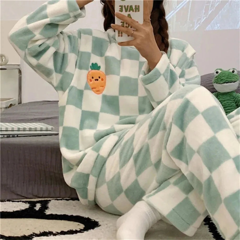 Autumn Winter Kawaii Cartoon Pajama Sets Women Pajamas Plaid Flannel Long Sleepwear Girl Pajama Night Suits Home wear PJ Suit