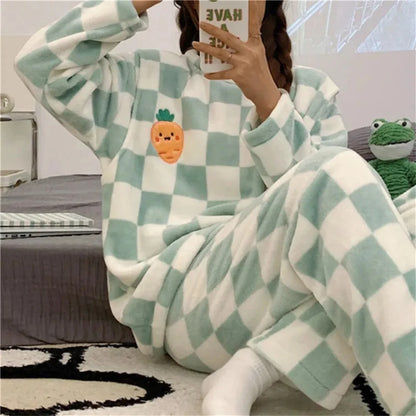 Autumn Winter Kawaii Cartoon Pajama Sets Women Pajamas Plaid Flannel Long Sleepwear Girl Pajama Night Suits Home wear PJ Suit