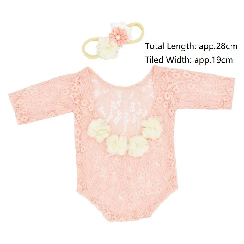 2 Pcs 0-1 Month Newborn Photography Props Baby Headband Lace Romper Bodysuits Outfit Girl Costume Photo Clothing