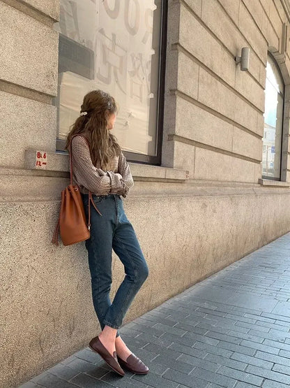 Plaid Shirts Women Retro Turn-down Collar Blouses All-match Straight Hong Kong Style Button Up Elegant Long Sleeve Outwear Femme