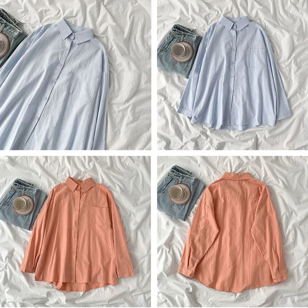 Solid White Shirt Women Casual Turn Down Collar Long Sleeve Pocket Women's Tops And Blouses Spring Office Lady Plus Size Shirts