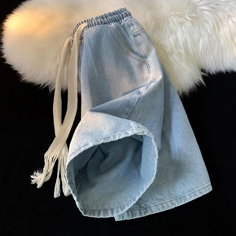 Men Wide-leg Denim Shorts Men's Quick-drying Denim Beach Shorts With Elastic Drawstring Waistband Pockets Summer Wide Leg Shorts