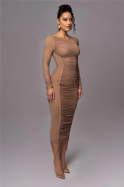 Diagonal Collar Long Sleeve Midi Dress For Women Two Layer Mesh Backless Ruched Bodycon Club Party Sexy Long Dress