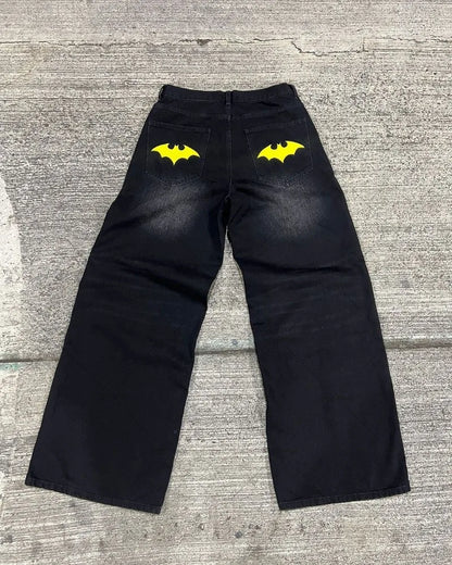 American Style Baggy Oversized Jeans Y2K Harajuku Retro Hip-hop Streetwear Gothic Bat Pattern Casual Straight Wide-leg Pants Men