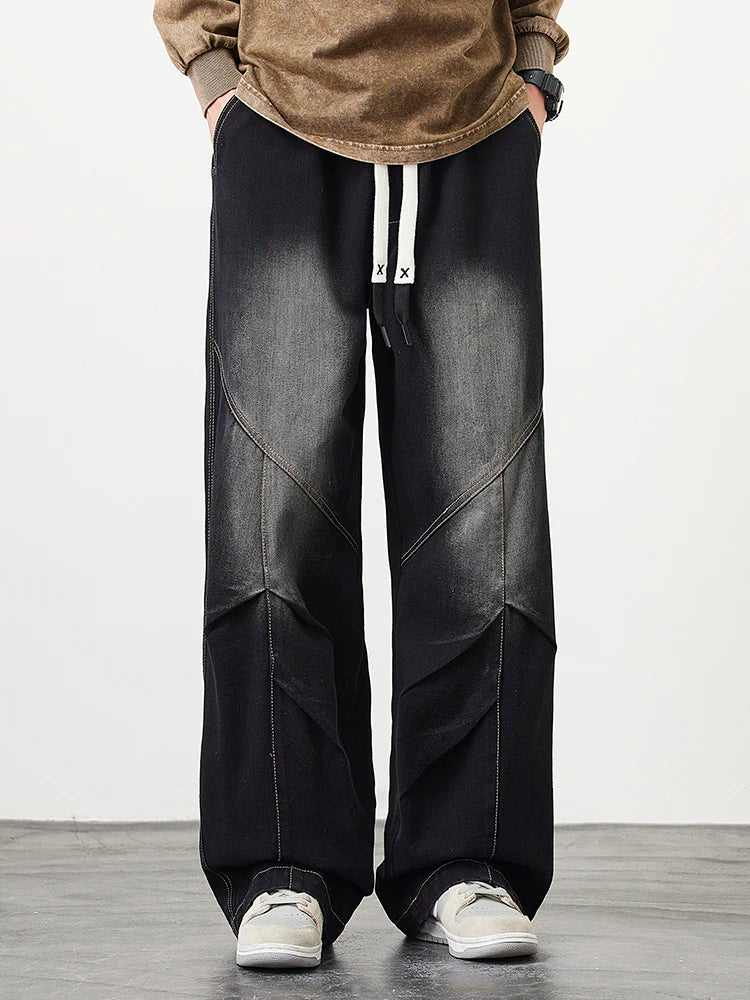 Big Size Men's Jeans 8XL 7XL 6XL String Banding Wide Leg Straight Denim Pants Washed Cotton Casual Baggy Jean Trousers Male