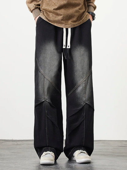 Big Size Men's Jeans 8XL 7XL 6XL String Banding Wide Leg Straight Denim Pants Washed Cotton Casual Baggy Jean Trousers Male