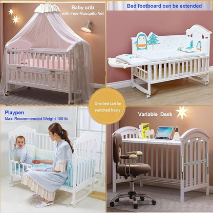 Mini Baby Crib 4 in 1 Convertible with Memory Foam Mattress(38"by 24") Included, Cunas para Babes 2024 Natural Wood Portable Crib