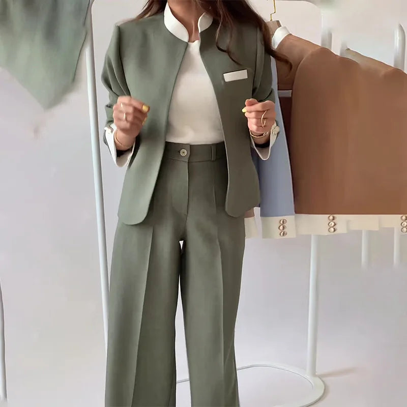Pants Sets Two Piece Suit Elegant Women Blazer Cardigan Stand Collar Coat Straight Pants Solid Casual Suits Autumn Winter