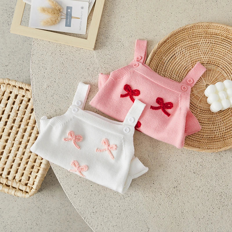 Suefunskry Baby Girl Overalls, Sleeveless Bows Pattern Knit Romper Bodysuit Spring Fall Clothes for Casual Daily