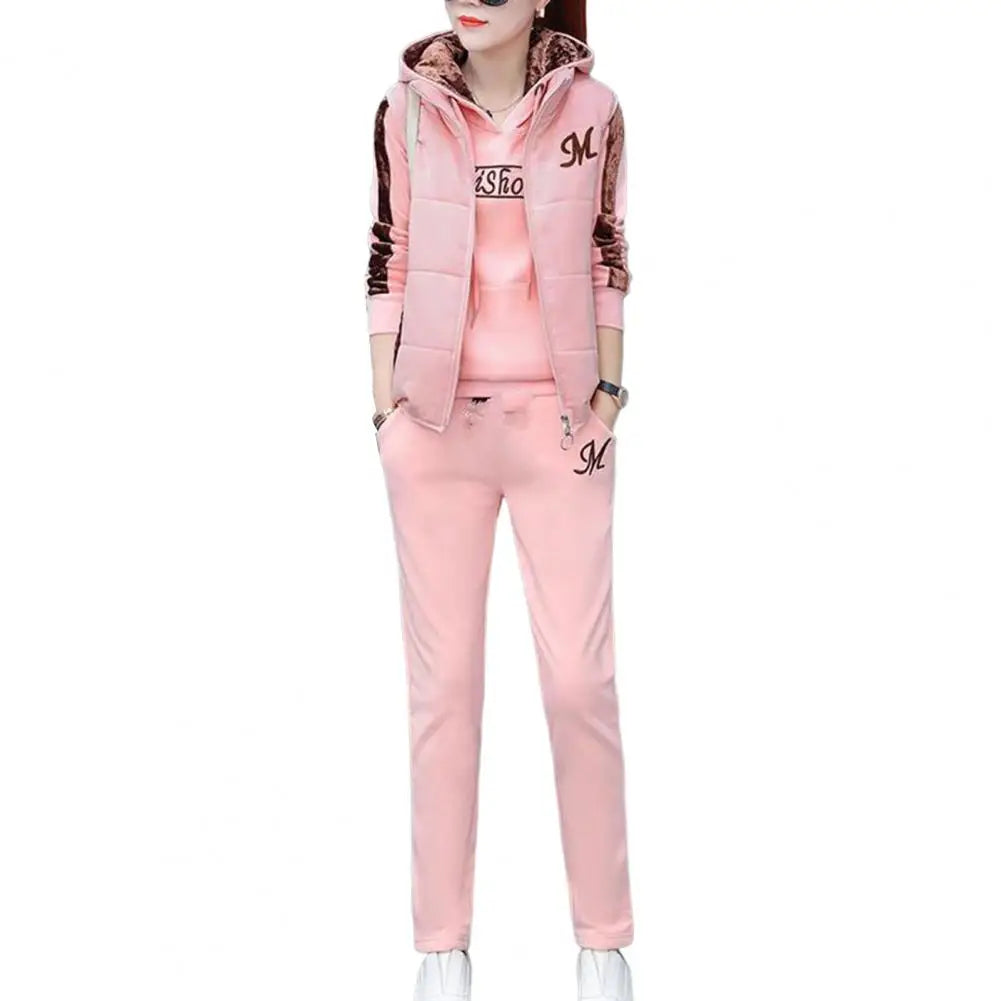 Fashion Warm Three Piece Set Women Outfit 2025 Fall Winter Thicken Tracksuit Casual Waistcoat + Hoodies + Pant Female Sweat Suit