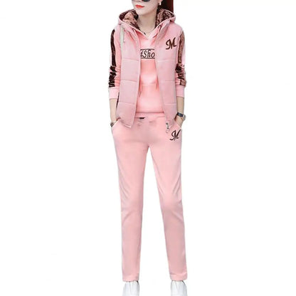 Fashion Warm Three Piece Set Women Outfit 2025 Fall Winter Thicken Tracksuit Casual Waistcoat + Hoodies + Pant Female Sweat Suit