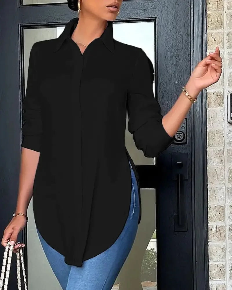 Women White Blouse 2025 Fashion Shirts Elegant Asymmetrical Tops Casual Long Sleeve Tunic Solid Color