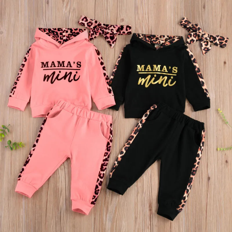 Infant Newborn Baby Girl Clothes Autumn 2025 3PCS Sets Leopard Letter Hooded Sweatshirt Pants Outfit Baby Tracksuit Set Spring