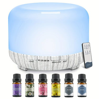 500ML Auto Shut Off Aroma Diffuser With 6 Bottle 10ML Essential Oil Set, Oil Set For Home Office Bedroom