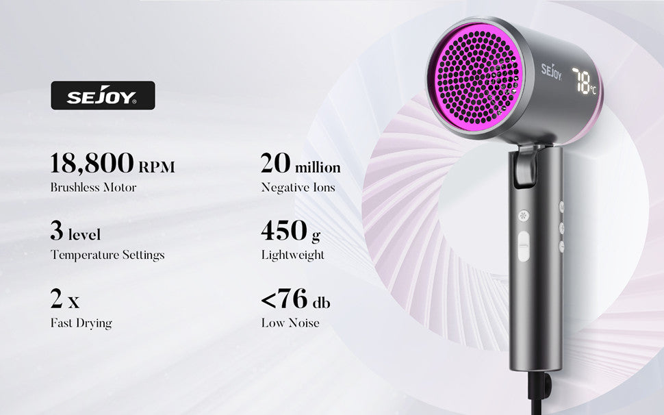 SEJOY Ionic Hair Dryers LED Display Anion Technology Portable Lightweight Blow Dryer Airflow Salon