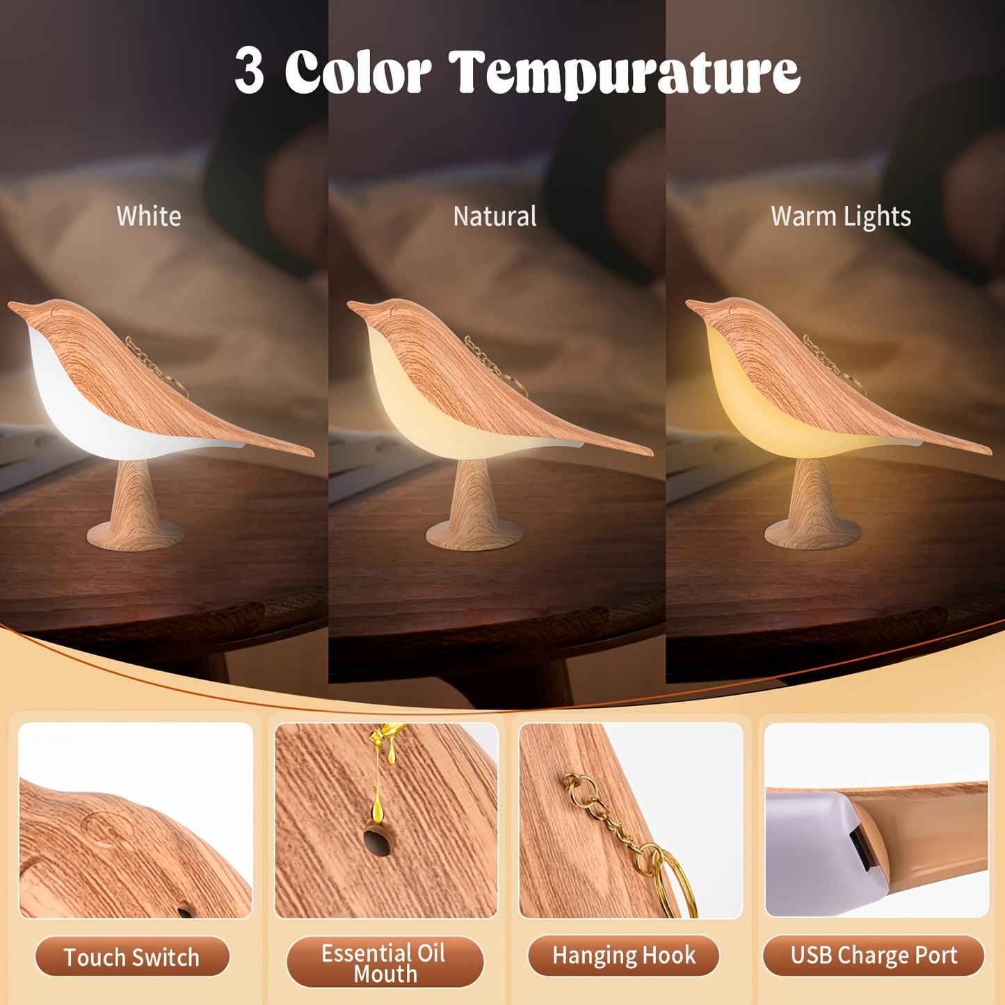 1pc of Bird Touch Lights Suitable for Bedrooms, Dimmable Cordless Bird Night Lights, USB Rechargeable Touch Sensor Control Table, And Table Lamp with Aroma Diffuser Function